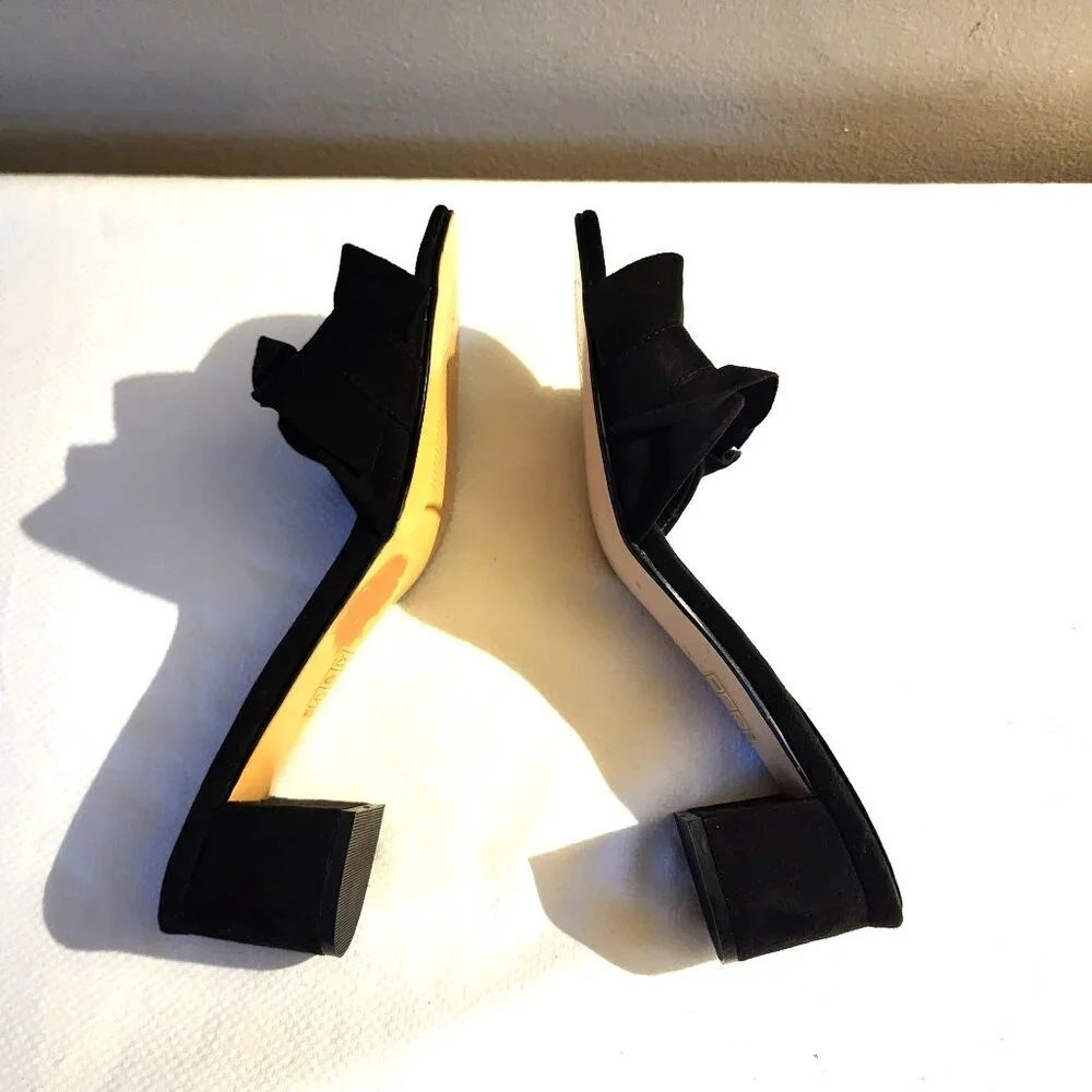 Elegant Blk Sueded Velvet Ruffle‎ Office Siren Cocktail Heel Slide Sz. 39/US 9
